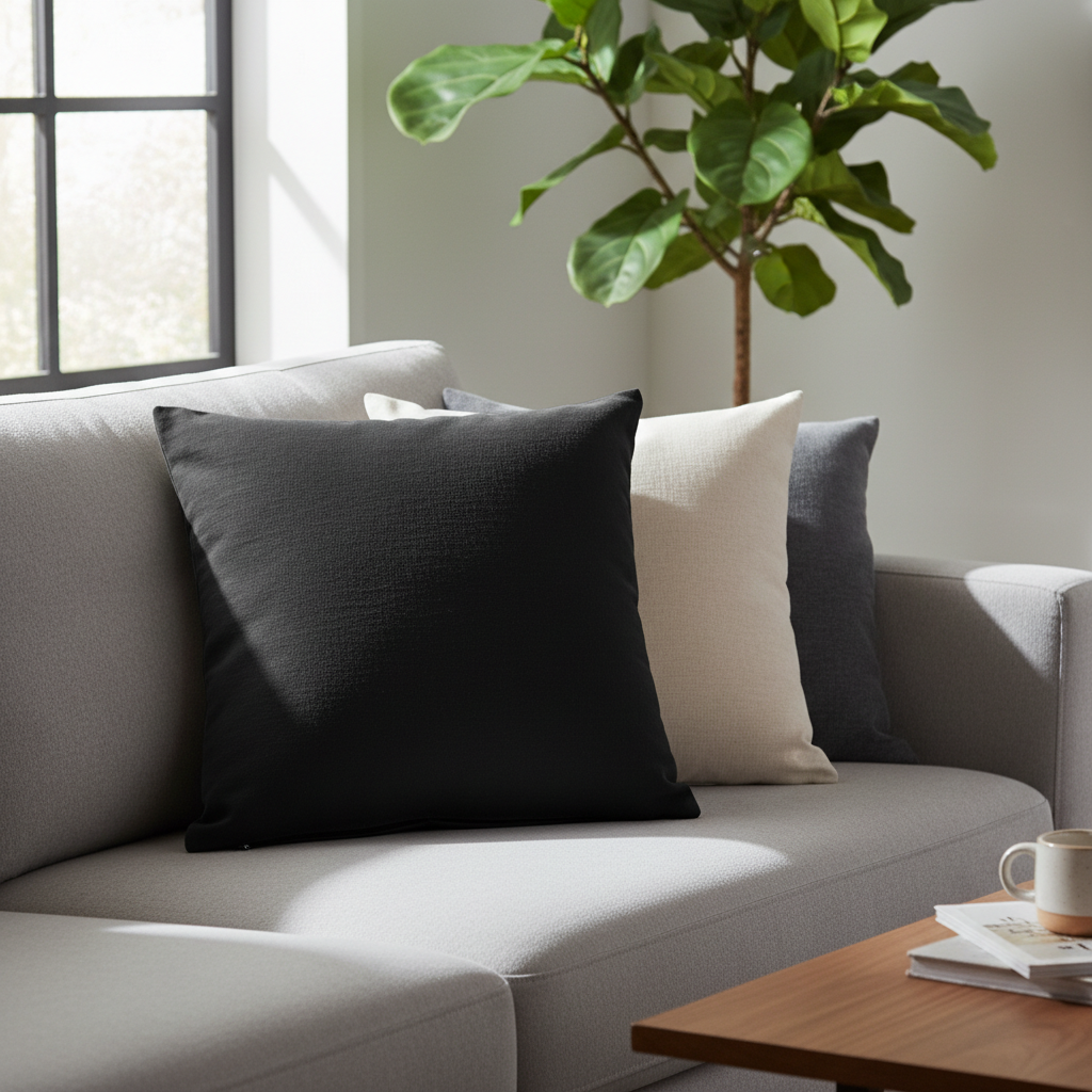 18 x 18 cotton black pillow throw pillow over with zipper closure on a couch