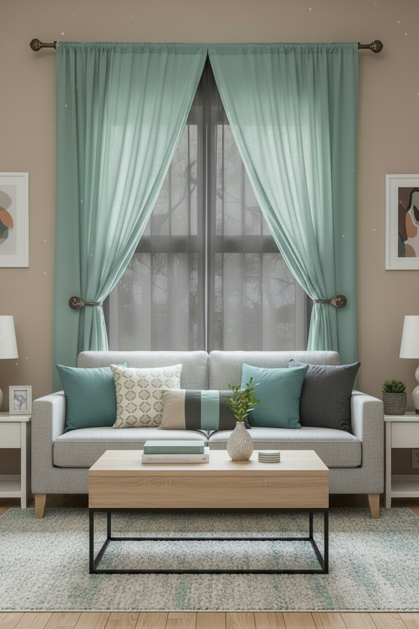 LT Living Co Aquamarine Curtains Layered with a Gray Sheer Set (2)