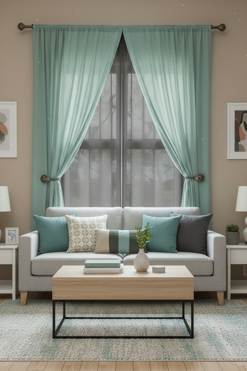 LT Living Co Aquamarine Curtains Layered with a Gray Sheer Set (2)
