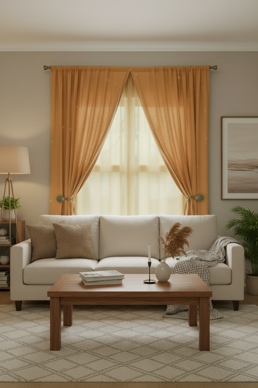 LT Living Co-Luxury Layered Curtain Set (2) – Solid Orange with Gold Sheer Overlay