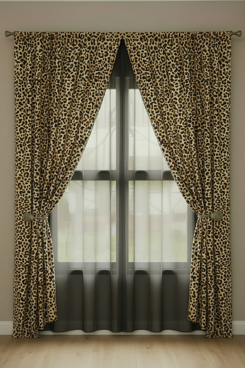 LT Living Co- Cheetah Print Curtains Set (2) Double Layered With a Black Sheer Curtain