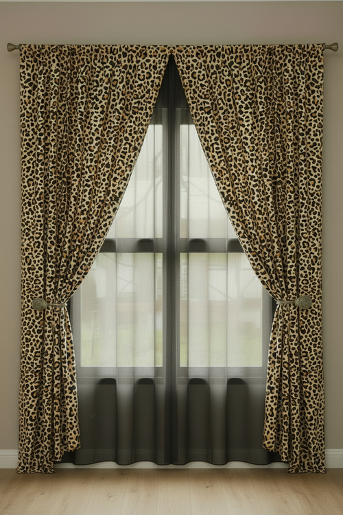 LT Living Co- Cheetah Print Curtains Set (2) Double Layered With a Black Sheer Curtain