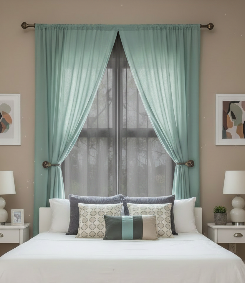 LT Living Co Aquamarine Curtains Layered with a Gray Sheer Set (2)