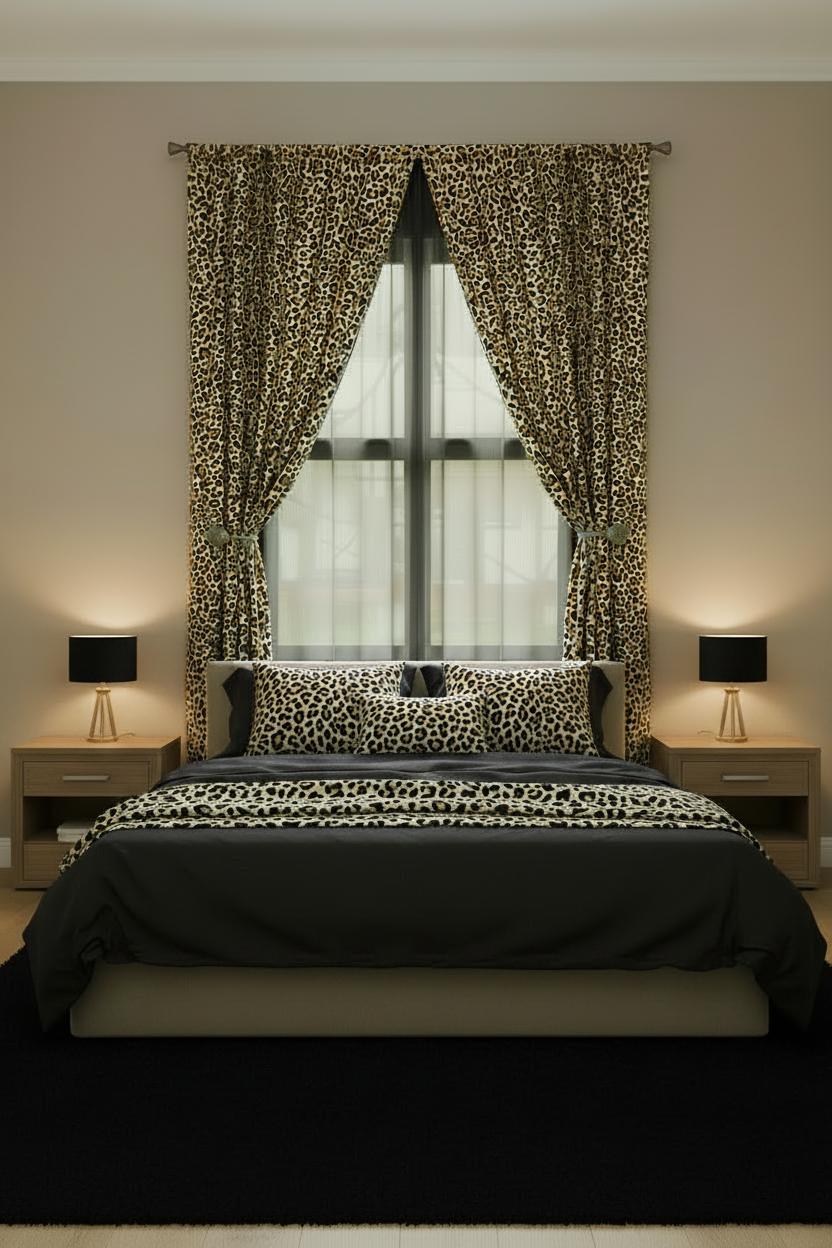 LT Living Co- Cheetah Print Curtains Set (2) Double Layered With a Black Sheer Curtain