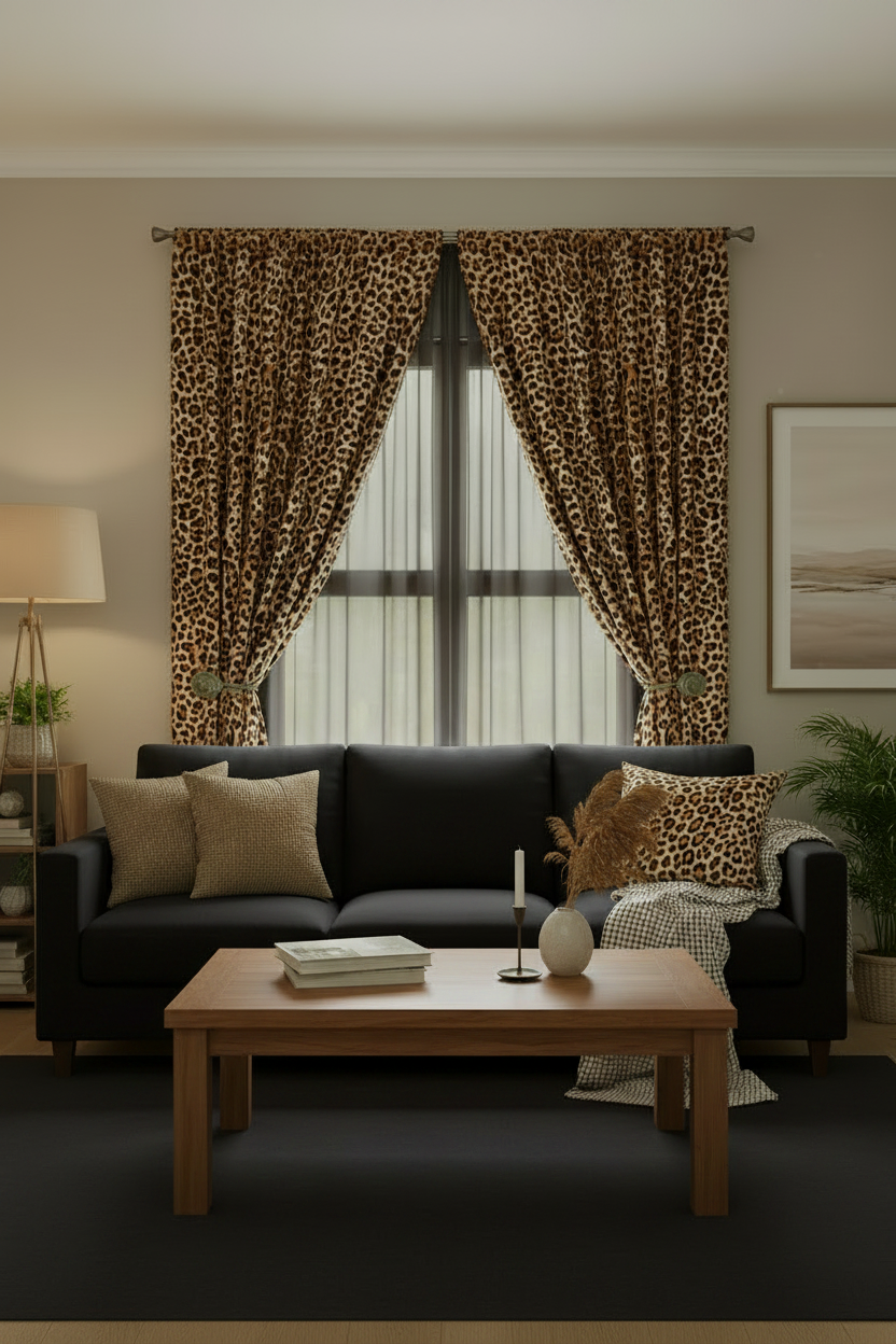 LT Living Co- Cheetah Print Curtains Set (2) Double Layered With a Black Sheer Curtain