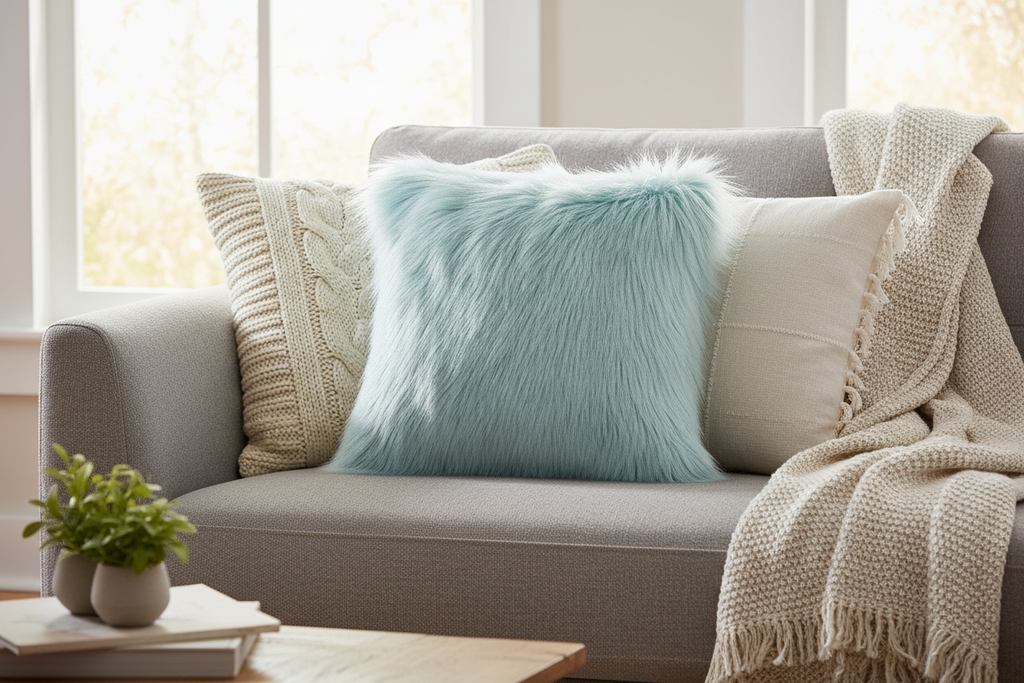 baby blue faux fur layered standing up on a sofa