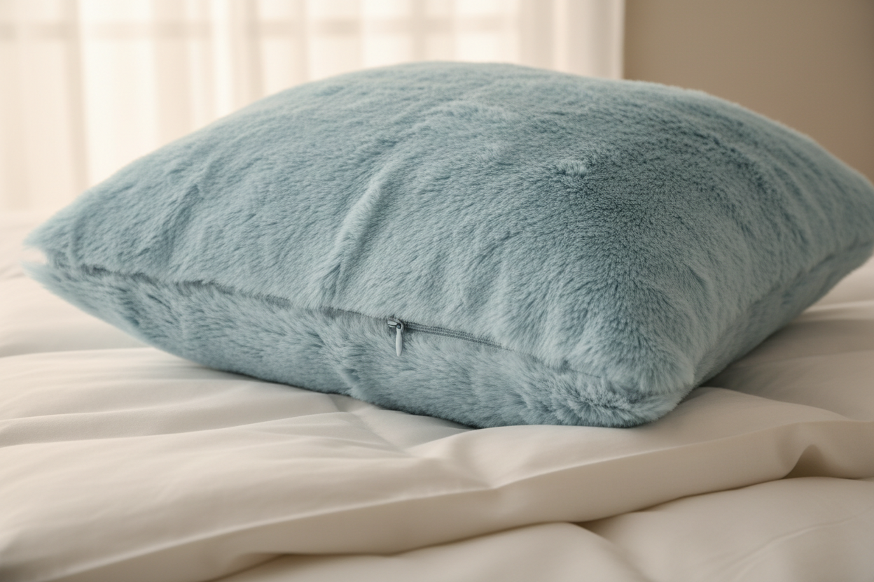 babyblue faux fur pillow throw cover with hidden zipper closure sitting on bed