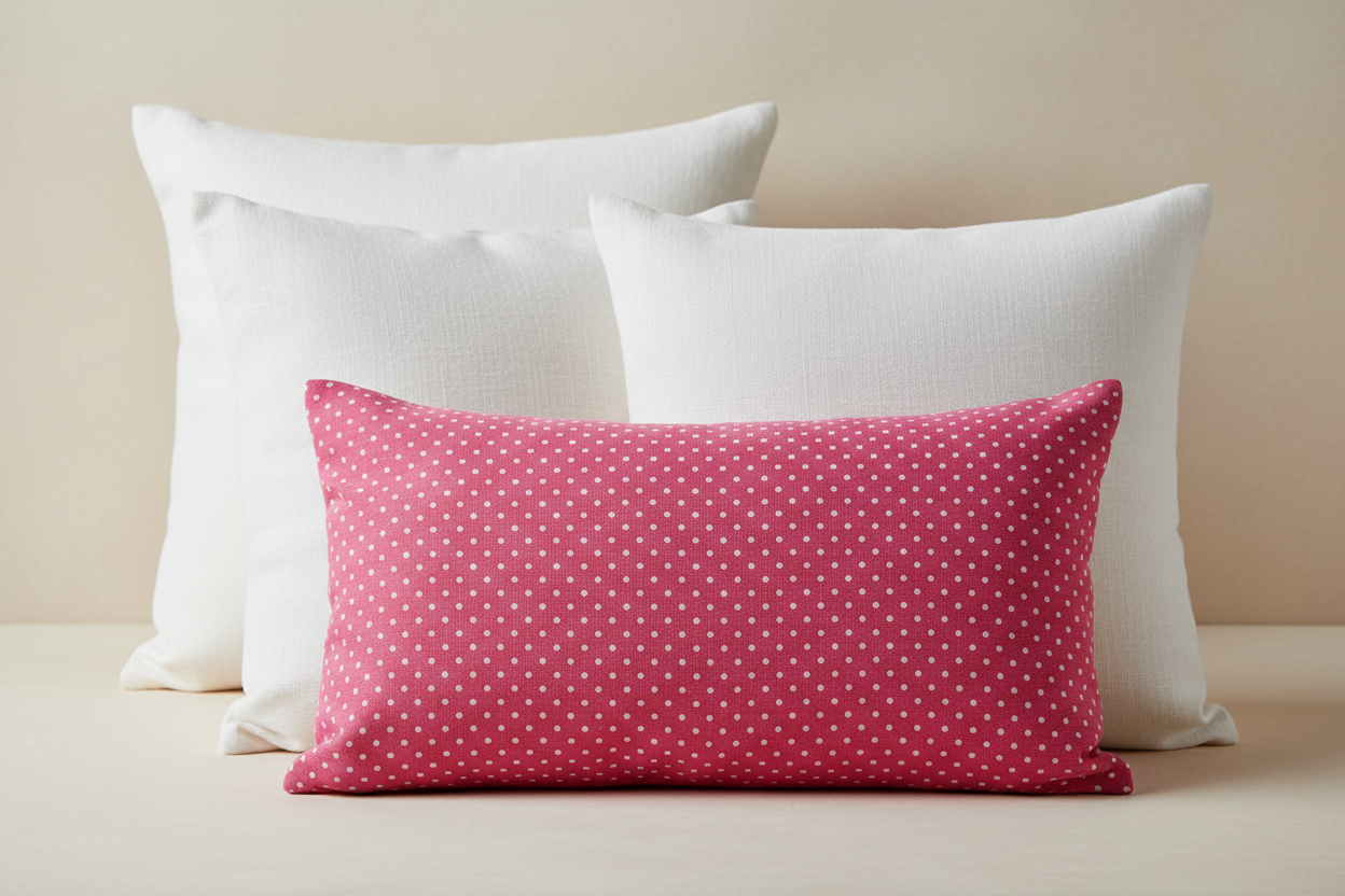 hot pink pillow throw with small white poke a dots in lumbar size 12x20 with 2 layered white throw pillows size 20x20 back pillow 18x18 pillow middle