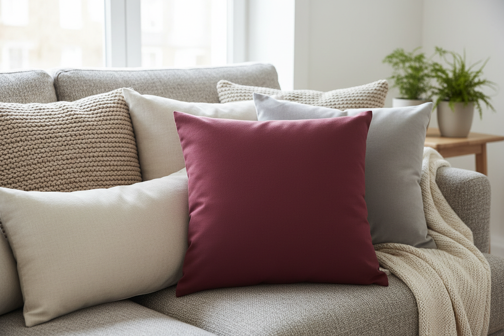 maroon throw pillow cover with no design no texture on a couch with neutral color throw pillows