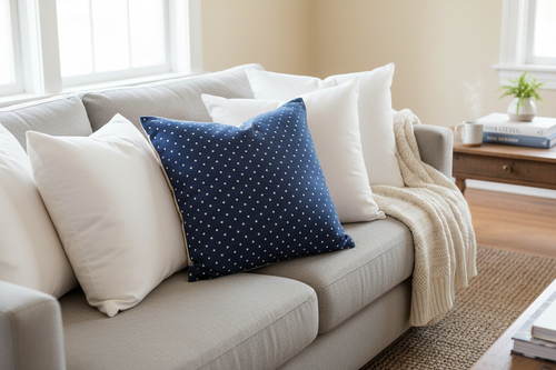 navy throw pillow with small white poke a dots on a sofa with plain white pillows layered with it