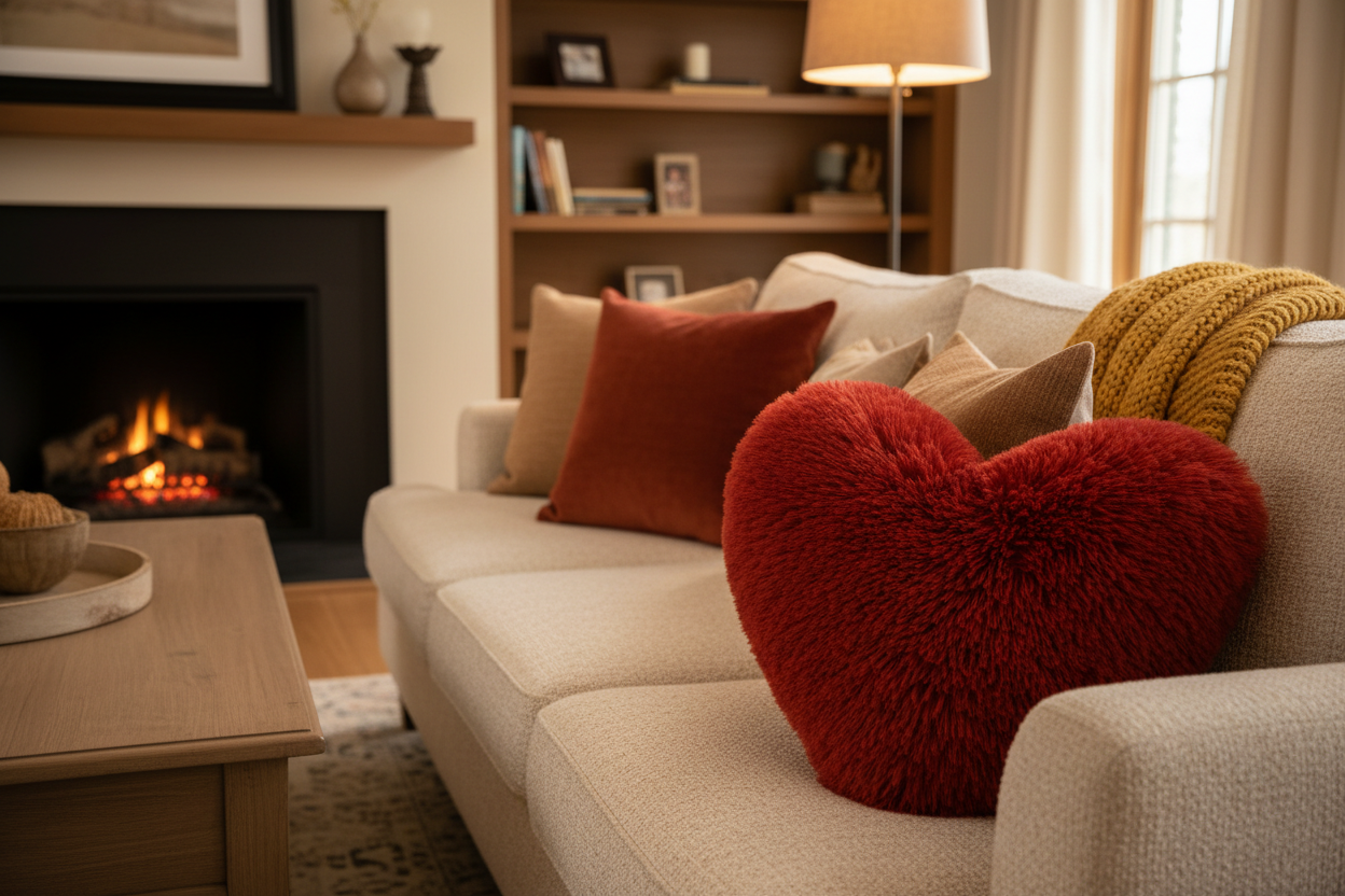 red heart shaped pillow furry on a couch 