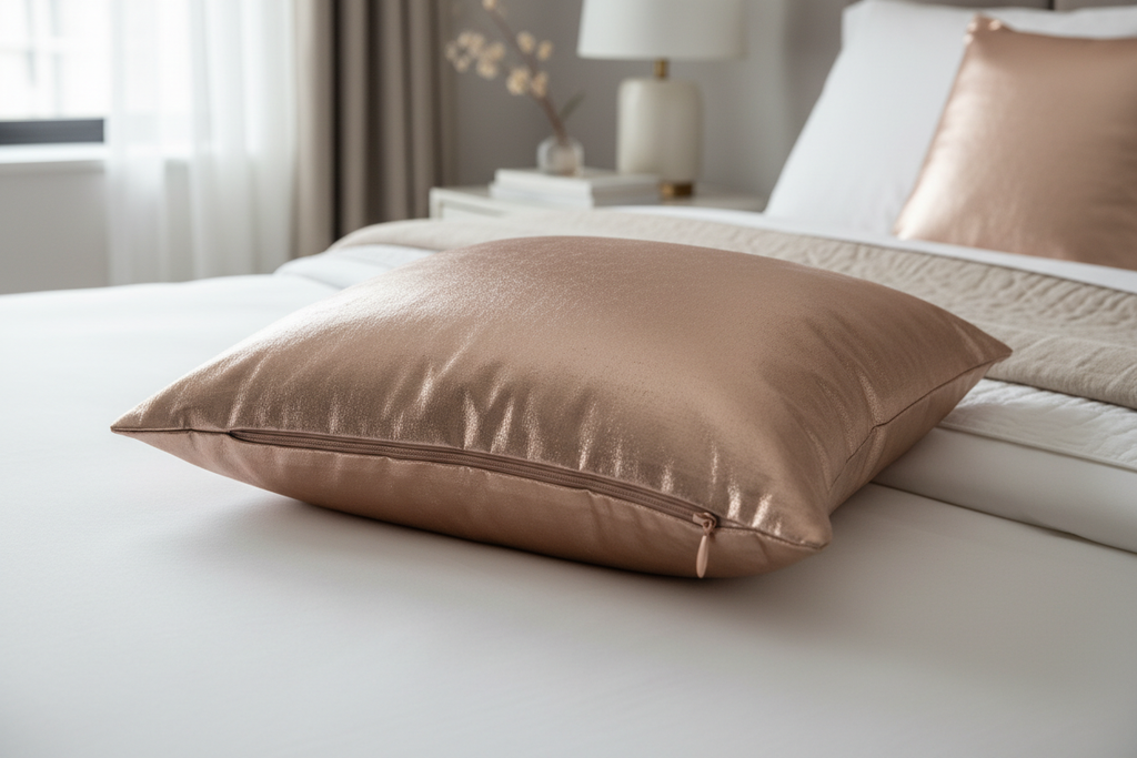 rose gold throw pillow cover with zipper closure layered on bed